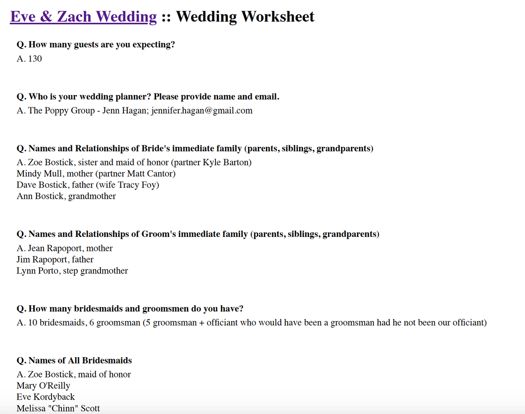 WEDDING WORKSHEET EXAMPLE